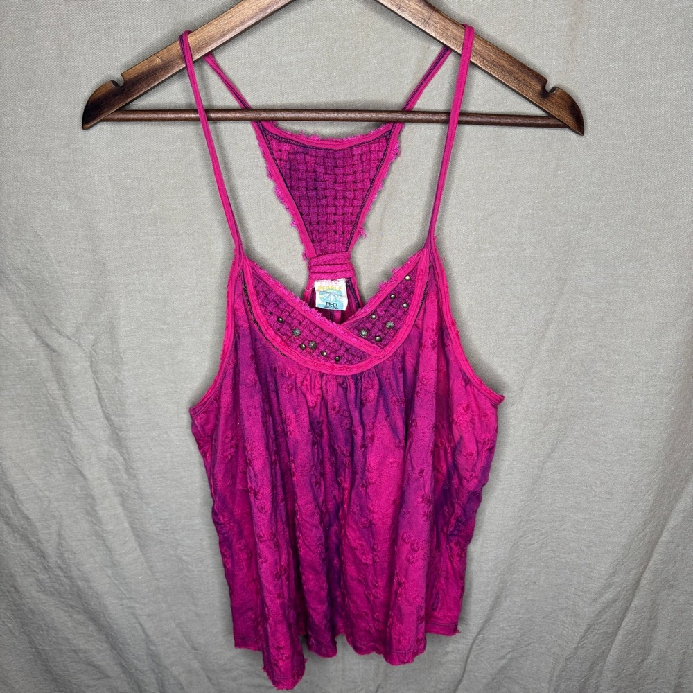 Free People Pink Purple Tie Dye Embroidered Studded Macrame Open Back Tank Top M